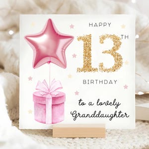 Carte d'anniversaire petite-fille 13, carte ballon étoile feuille rose, petite-fille a 13 ans, carte d'anniversaire petite-fille 13, petite-fille 13