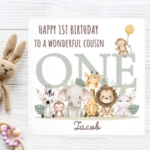 Cousin 1st Birthday Jungle Animal Card, Cousin Is One Card, Personalised 1 Year Old Card, Monkey Birthday Card, Cousin First Birthday