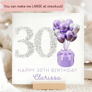 Tarjeta personalizada de 30 cumpleaños con purpurina plateada, tarjeta de 30 cumpleaños para mujer, tarjeta morada para su 30 cumpleaños, tarjeta para ella que cumple 30 años, 30