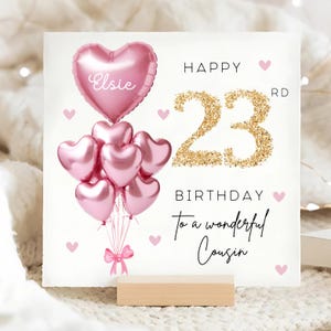 Carte personnalisée 23e anniversaire de cousin, carte ballon en or rose, cousine a 23 ans, cadeau de 23e anniversaire, cousine a 23 ans, cousine 23e anniversaire