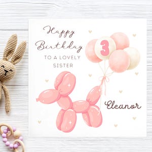 Carte d'anniversaire chien ballon 3e soeur, carte 3e soeur personnalisée, beau cadeau soeur, troisième carte soeur fille, soeur a 3 ans