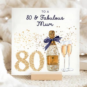 Tarjeta de cumpleaños fabuloso para mamá, tarjeta de 80 cumpleaños para mamá, tarjeta dorada con champán, tarjeta para mamá de ochenta años, regalo para mamá de ochenta años