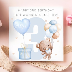 Carte 3e anniversaire de neveu ours bleu, 3e anniversaire de neveu personnalisé, cadeau pour le troisième anniversaire de neveu, neveu a 3 ans, neveu a trois ans