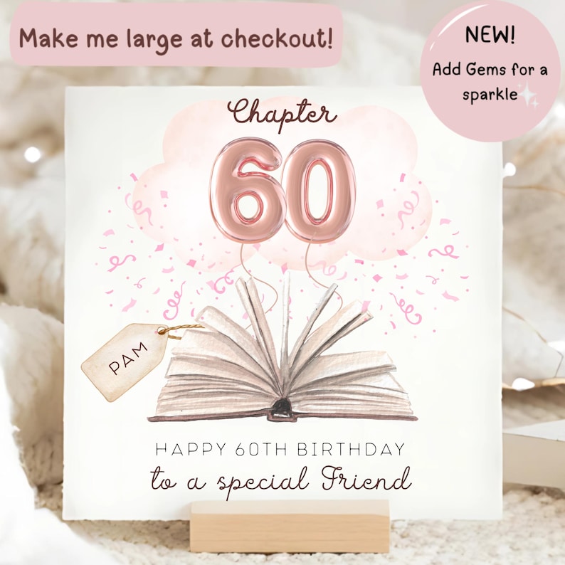 May include: A birthday card with the text "Chapter 60" in a script font, with the number 60 as rose gold balloons. The card features an open book illustration, pink confetti, and the message "Happy 60th Birthday to a special Friend."