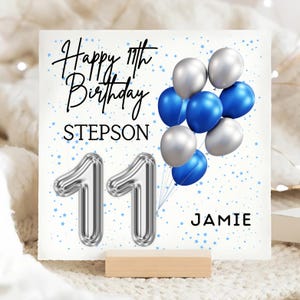 Stepson 11th Birthday Balloon Card, Personalised 11 Year Old Boy Card, Stepson Turns Eleven Card, Blue Foil Balloon Card, Gift For Stepson