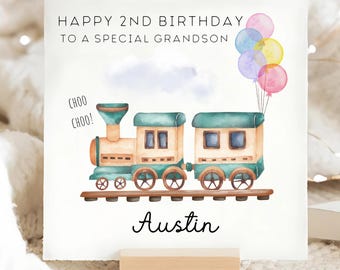 Grandson 2nd Birthday Train Card, Personalised Second Birthday Card, Grandson Second Birthday Card, Grandson Turns Two, 2 Year Old Grandson
