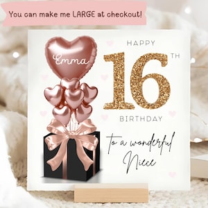 Carte personnalisée de 16e anniversaire de nièce, carte ballon noir or rose, nièce a 16 ans, cadeau de seizième anniversaire, carte de 16e anniversaire nièce