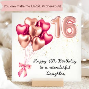 Tarjeta de cumpleaños rosa dorada para hija número 16, tarjeta de cumpleaños personalizada para hija número 16, tarjeta con globo en forma de corazón para hija, decimosexta hija