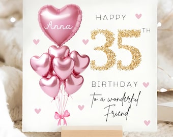 Tarjeta personalizada para el 35.º cumpleaños de un amigo, tarjeta con globo rosa dorado, regalo para el 35.º cumpleaños de un amigo, regalo para el 35.º cumpleaños de un mejor amigo.