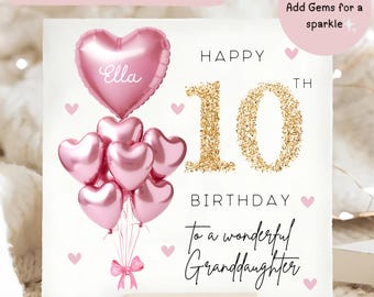 Granddaughter 10th Gem Birthday Personalised Diamante Card, Pink Gold Balloon Card, Granddaughter is 10, Tenth Birthday Gift, Ten Card
