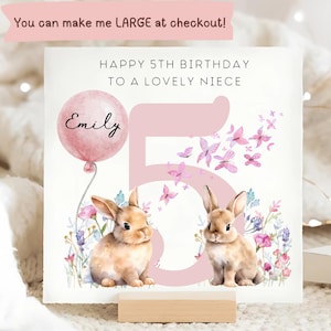 Carte personnalisée 5e anniversaire de nièce, carte 5e anniversaire lapin et papillon, nièce personnalisée fête ses 5 ans, nièce a 5 ans