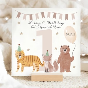 Carte d'anniversaire fils 1er renard tigre et ours, premier anniversaire de bébé fils, carte personnalisée Fils de 1 an, 1 an, cadeau de premier anniversaire pour fils