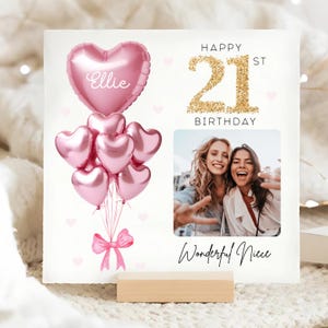 Carte d'anniversaire personnalisée nièce 21 ans, carte ballon en or rose avec image personnalisée, nièce a 21 ans, vingt et unième carte nièce, 21e carte nièce