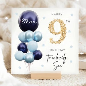 Tarjeta personalizada para el noveno cumpleaños de mi hijo, tarjeta con globo azul y dorado, regalo para el noveno cumpleaños, tarjeta para el noveno hijo, tarjeta encantadora para mi hijo.
