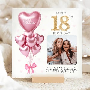 Tarjeta personalizada con foto de cumpleaños número 18 para hijastra, tarjeta con globo rosa dorado con imagen personalizada, hijastra cumple 18 años, hijastra cumple dieciocho
