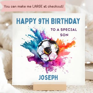 Carte de football de 9 ans, personnalisée fils a 9 ans, neuvième carte colorée de football de fils, carte spéciale fils, cadeau d'anniversaire de fils