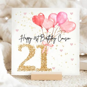 Cousin 21st Pink Balloon Birthday Card, Personalised Cousin 21 Birthday Card, Cousin Twenty-First, Cousin 21st Gift, Female Cousin 21