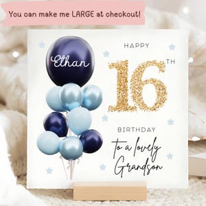 Carte personnalisée de 16e anniversaire de petit-fils, carte ballon en or bleu, petit-fils a 16 ans, cadeau de seizième anniversaire, carte de petit-fils 16e, carte de petit-fils