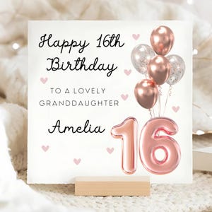 Carte d'anniversaire personnalisée petite-fille 16e, carte ballon d'anniversaire 16e or rose, carte Sweet Sixteen petite-fille, petite-fille 16e