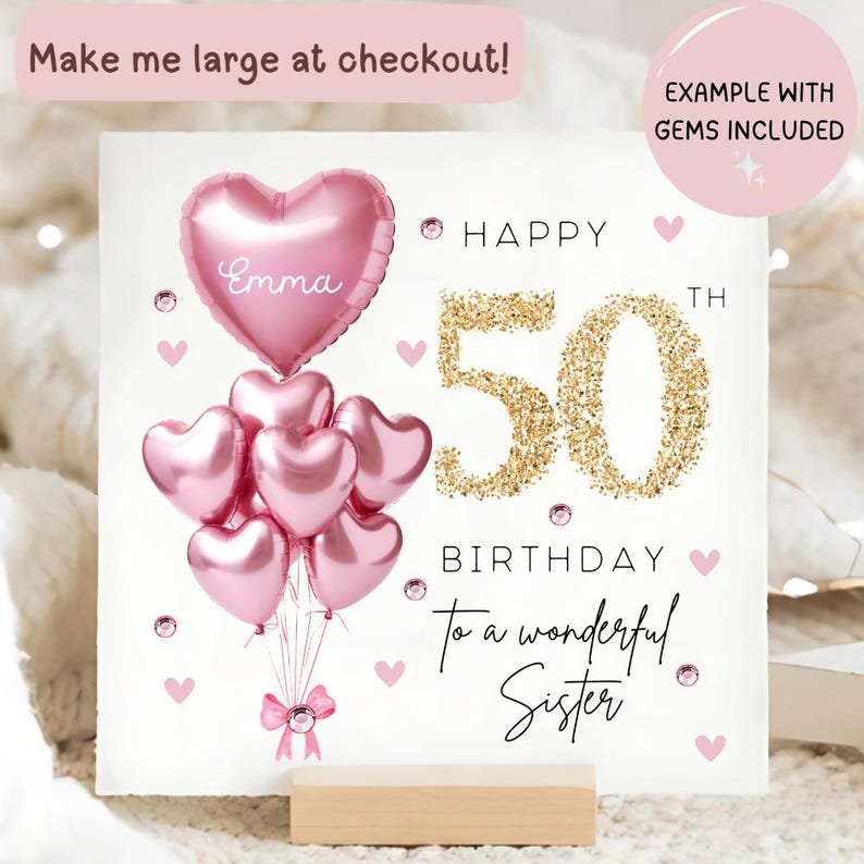 Sister 50th Birthday Personalised Card, Pink Sparkle Balloon Card, Sister is 50, Fiftieth Birthday Gift, Sister Fifty Birthday Card, 50 card image 2