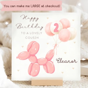 Carte de chien ballon d'anniversaire de cousin 2e, carte de cousin 2e personnalisée, beau cadeau de cousine, deuxième carte de cousine, petite fille ayant deux ans