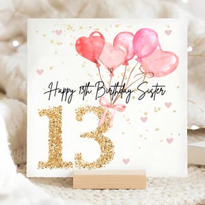 Soeur 13e carte d'anniversaire ballon rose, carte d'anniversaire personnalisée soeur 13, soeur rose treizième carte, soeur treize adolescent carte