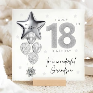 Grandson 18th Birthday Personalised Card, Silver Grey Balloon Card, Grandson is 18, His Eighteenth Birthday Gift, Grandson 18th Birthday