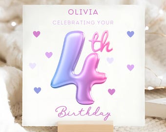 Carte personnalisée pour 4e anniversaire de fille, carte multicolore pour 4e anniversaire, 4e anniversaire de fille, 4e et quatrième anniversaire de nièce, 4 ans pour nos 4 ans