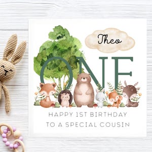 Cousin 1st Birthday Woodland Animal Card, Personalised Cousin One Card, Cousin First Birthday Card, Cousin Animal 1 Birthday Card