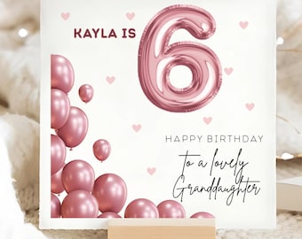Granddaughter 6th Brown Pink Balloons Birthday Card, Personalised Granddaughter 6 Birthday, Granddaughter Sixth Birthday Card