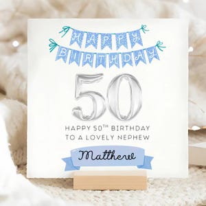 Carte d'anniversaire bannière bleue 50e neveu, carte personnalisée neveu a 50 ans, carte cinquantième neveu, cadeau d'anniversaire 50e neveu, beau neveu