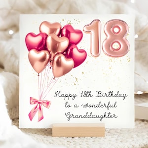 Carte d'anniversaire rose or rose de 18e de petite-fille, carte d'anniversaire personnalisée de petite-fille de 18 ans, carte de petite-fille de ballon de coeur