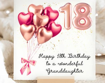 Kleindochter 18e verjaardag roségoudroze verjaardagskaart, gepersonaliseerde verjaardagskaart 18 kleindochter, hartballon kleindochterkaart