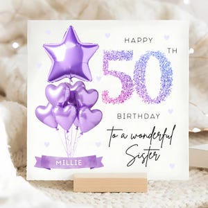 Sister 50th Purple Birthday Card, Personalised Sister 50th Card, Sister Is Fifty Card, Sister Fiftieth Card, Sister Is 50 Gift