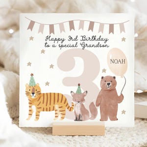 Grandson 3rd Tiger Fox & Bear Birthday Card, Grandson Baby Third Birthday Card, Personalised Grandson Is 3 Card, Grandson Baby Birthday Card