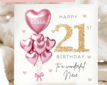 Niece 21st Birthday Personalised Card, Pink Gold Balloon Card, Niece is 21, Twenty-First Birthday Gift, Niece 21st Birthday Card