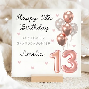 Carte d'anniversaire personnalisée petite-fille 13e, carte ballon de 13e anniversaire en or rose, carte petite-fille adolescente, officiellement une carte d'adolescent