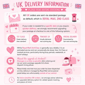 May include: Pink and white graphic with the text "UK DELIVERY INFORMATION" and information about UK shipping options. Includes illustrations of a mailbox, calendar, and envelope with hearts.