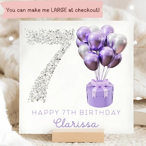 Carte personnalisée 7e anniversaire paillettes argentées, carte 7e anniversaire femme, carte septième anniversaire petite fille, carte elle 7 ans, ballons violets