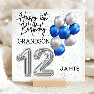 Tarjeta de cumpleaños número 12 con globos para nieto, tarjeta personalizada para niño de 12 años, tarjeta para nieto que cumple doce años, tarjeta con globos de aluminio azul, regalo para nieto