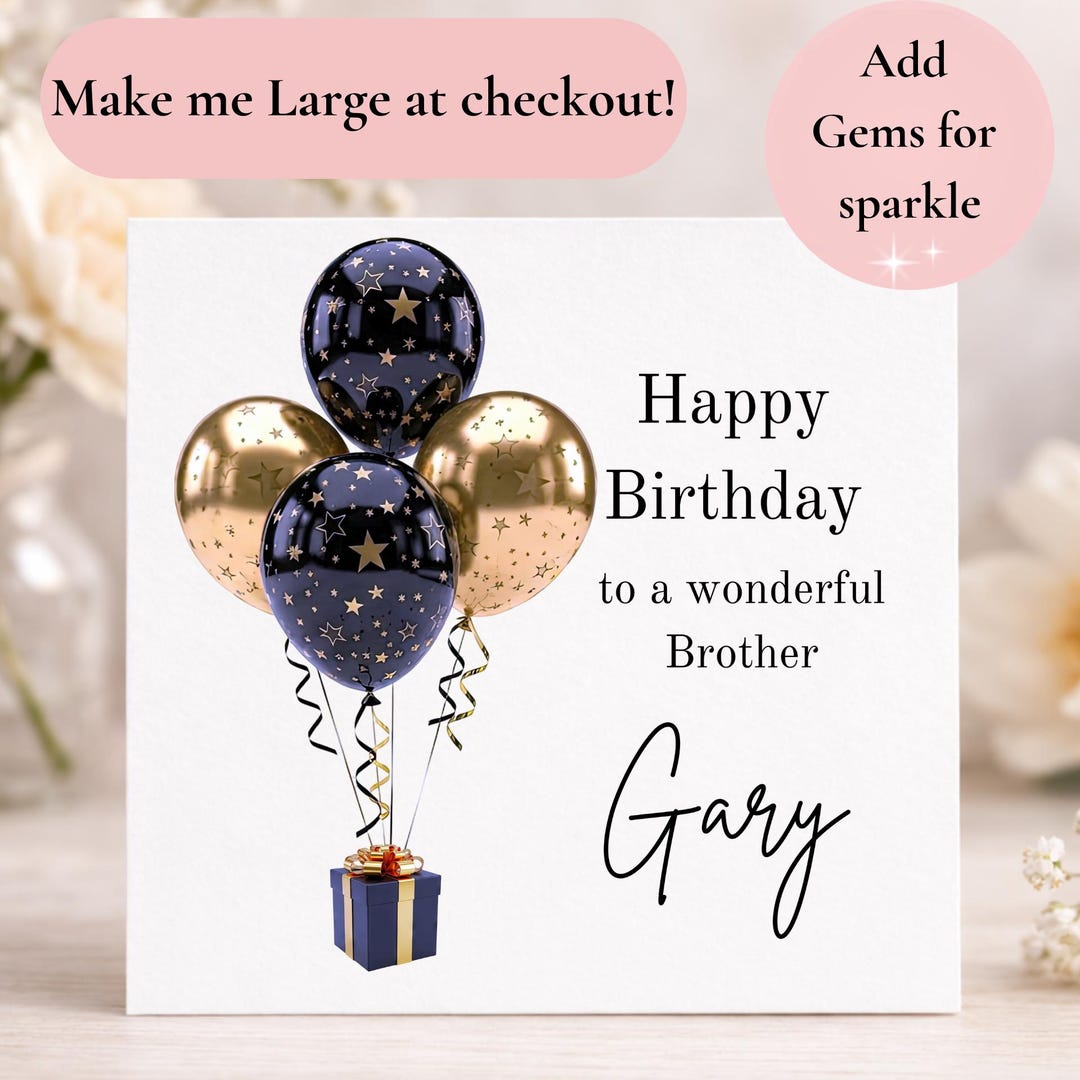 Brother Blue & Gold Birthday Balloon Card, Personalised Brother Card ...