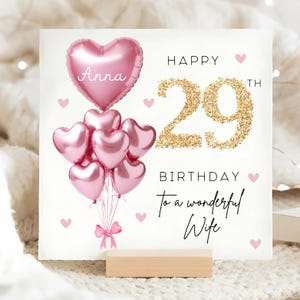 Carte personnalisée 29e anniversaire de femme, carte ballon en or rose, femme a 29 ans, cadeau 29e anniversaire, carte 29e anniversaire femme, carte femme