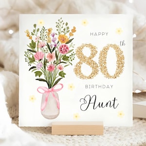 Carte d'anniversaire fleurie pour les 80 ans de tante, carte florale des 80 ans, tante fête ses 80 ans, carte vase de fleurs tante, carte tante fête ses 80 ans, quatre-vingtième carte