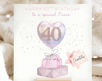 Niece 40th Gem Birthday Shiny Balloon Card, Diamante Personalised Niece 40 Card, Niece Fortieth Birthday Gift, Pink Glitter Card