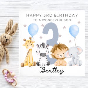 Carte personnalisée 3e anniversaire de fils, joyeux 3e anniversaire de fils, cadeau 3e anniversaire animal de la jungle, à mon merveilleux fils, de la part de votre papa maman