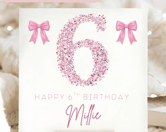 Tarjeta de cumpleaños rosa con efecto brillante para 6.º cumpleaños, tarjeta de 6 años, tarjeta de cumpleaños rosa para niña, tarjeta personalizada para 6.º cumpleaños, tarjeta para niño de 6 años