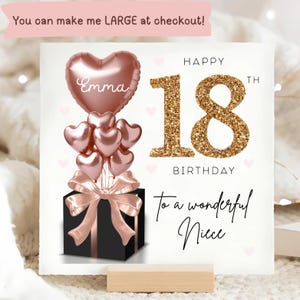 Carte personnalisée nièce 18e anniversaire, carte ballon noir or rose, nièce a 18 ans, cadeau dix-huitième anniversaire, carte nièce 18e, cadeau nièce