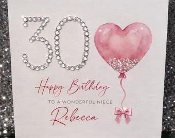 Handmade Niece Luxury 30th Birthday Card, Personalised 30 Diamante Sparkle Keepsake, Diamond Sparkle Milestone Card, Free Delivery