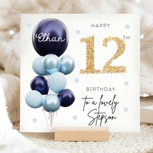 Carte personnalisée de 12e anniversaire de beau-fils, carte ballon en or bleu, beau-fils a 12 ans, cadeau de douzième anniversaire, carte de douzième beau-fils