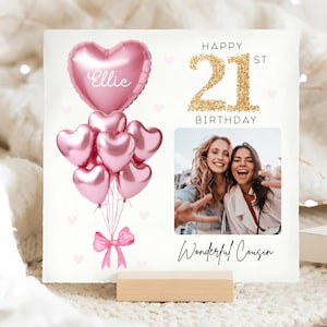 Cousin 21st Photo Birthday Personalised Card, Custom Image Pink Gold Balloon Card, Cousin is 21, Cousin Twenty-First Card, Cousin 21st